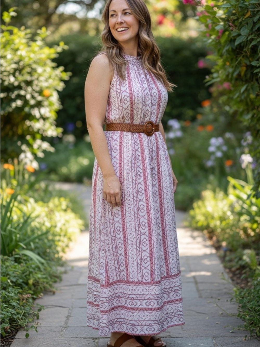 True Craft Pink and White Patterned Sleeveless Maxi Dress